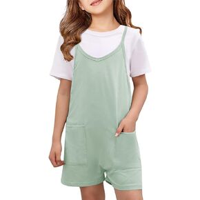 Girls Summer Jumpsuits Spaghetti Strap Sleeveless Loose Romper Short Pants with Pockets 5-14 Years