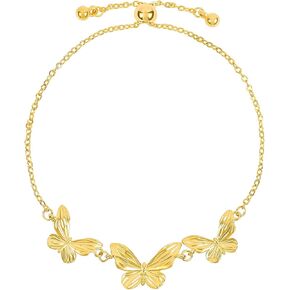 Gold Butterfly Link Bracelet for Women 14K Gold Plated Triple Butterfly Charm Bracelet Elegant Textured Butterfly Bolo Bracelet Adjustable Slider Insect Summer Party Trendy Jewelry Gift for Girls