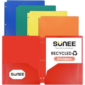 SUNEE 3 Hole Pocket Folders (5 Pack, Vintage Colors) Recycled Plastic Folders for 3 Ring Binder, 3-Hole Punched Folders with Pockets, for Kids, Students, Teachers, Office