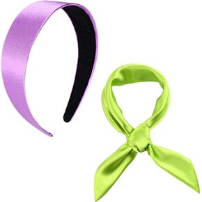 Purple Headband and Green Scarf Chiffon Square Ribbon Neck Scarf and Lavender Headband for Women Girls Halloween Dress Up（Style 1）