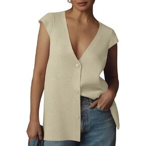 Saodimallsu Womens Deep V Neck Sweater Vest Sleeveless Knit Button Up Loose Fit Cap Sleeve Trendy Summer Tops