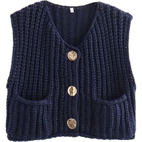 Womens Sweater Vest Fall Chunky Knit Top Gold Button Down Cropped Sleeveless Knitted Sweater Cardigan with Pockets