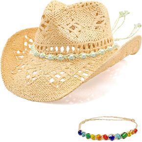 Cowgirl Hat Straw Cowboy Hats for Women UPF 50+ White & Beige