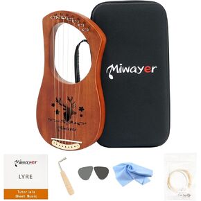 Miwayer Lyre Harp 7, 10, 16, 19, 21 Strings Musical Instrument Mahogany Body Harp Brown Reindeer Totem Professional Stringed Instrument with Accessories and Case (Brown 10 Strings Harp)