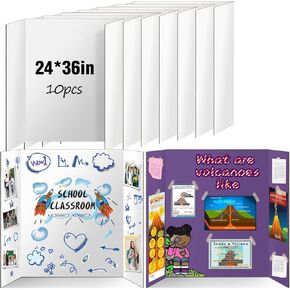 10 Pack Trifold Poster Board 24" X 36", IKAYAS Double Sided White Poster Boards, Science Fair Display Boards Posterboard Foamboard for Mounting, Prints, Art, Display, Projects Classroom Supplies