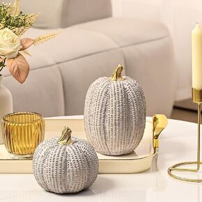 Artificial Pumpkin Decor, Brown and White Decorative Pumpkins, Thanksgiving Resin Pumpkin Figurine Set of 2, Carved Pumpkin Statues for Rustic Fall Tabletop Home Decor, Harvest, Wedding