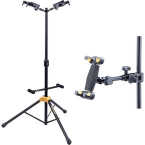 Hercules GS422B Dual Guitar Stand with Foldable Yoke plus DG307B 2-in-1 Tablet and Phone Holder