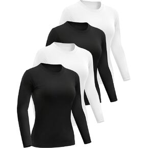 Women’s 4 Pack Short/Long Sleeve Basic Shirts Crew Neck Slim Fitted Underscrubs Undershirts Layer Tops