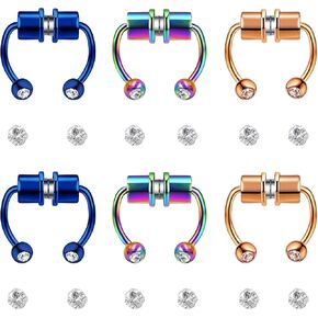 NEWITIN 6 Pairs Stainless Steel Magnetic Nose Stud Rings for Women Magnetic Nose Rings Women Clip on Nose Rings Non Piercing Nose Rings Inlaid Cubic Zirconia Fake Nose Ring for Women