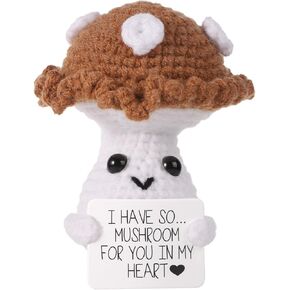 Funny Positive Mushroom, 3.94in Creative Cute Plush Knitted Wool Mushroom Doll with Inspirational Card Mushroom Crochet Encouragement Gift for Kids Teens Birthday Party Decoration