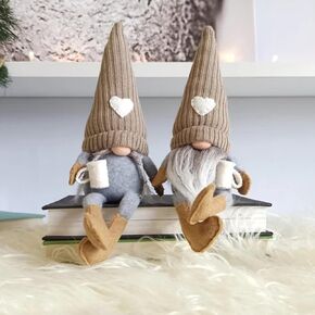 2Pcs Coffee Gnomes Plush Doll Coffee Bar Decoration Swedish Tomte Elf Dwarf Collectible Figurines Dangle Leg Shelf Sitters Farmhouse Home Kitchen Decor Coffee Lover Gifts
