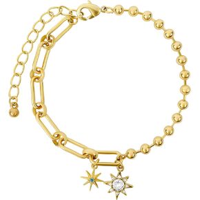 Gold Paperclip Chain Link Bracelet for Women with North Star Charm 14K Gold Plated Chain Ball Beads Bracelet Dangle Cubic Zirconia Star Adjustable Party Summer Beach Trendy Jewelry Gift for Teen Girls