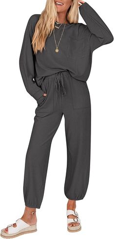 KIRUNDO Women's Fall 2 Piece Outfits Ribbed Knit Lounge Sets Long Sleeve Pullover Drawstring Jogger Pants Tracksuit Set in Saudi Arabia