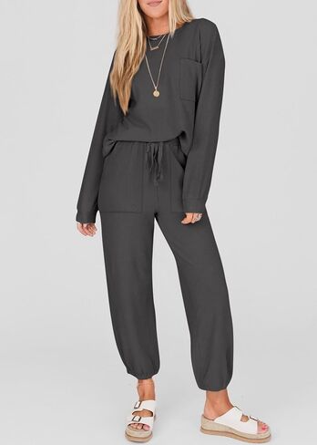 KIRUNDO Women's Fall 2 Piece Outfits Ribbed Knit Lounge Sets Long Sleeve Pullover Drawstring Jogger Pants Tracksuit Set in Saudi Arabia