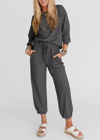 KIRUNDO Women's Fall 2 Piece Outfits Ribbed Knit Lounge Sets Long Sleeve Pullover Drawstring Jogger Pants Tracksuit Set in Saudi Arabia