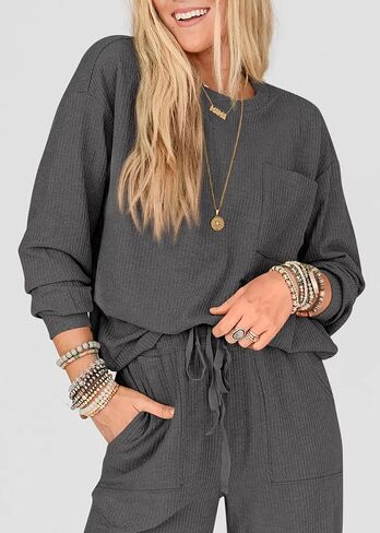 KIRUNDO Women's Fall 2 Piece Outfits Ribbed Knit Lounge Sets Long Sleeve Pullover Drawstring Jogger Pants Tracksuit Set in Saudi Arabia