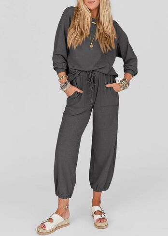 KIRUNDO Women's Fall 2 Piece Outfits Ribbed Knit Lounge Sets Long Sleeve Pullover Drawstring Jogger Pants Tracksuit Set in Saudi Arabia