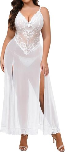 حجم كبير الملابس الداخلية للنساء بيبي دول مثير شبكة ماكسي فستان النوم Strappy ملابس خاصة غريبة الشقوق الجانبية الأبيض 3XL in Kuwait