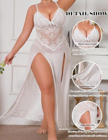 حجم كبير الملابس الداخلية للنساء بيبي دول مثير شبكة ماكسي فستان النوم Strappy ملابس خاصة غريبة الشقوق الجانبية الأبيض 3XL in Kuwait