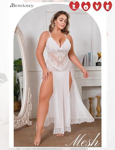 حجم كبير الملابس الداخلية للنساء بيبي دول مثير شبكة ماكسي فستان النوم Strappy ملابس خاصة غريبة الشقوق الجانبية الأبيض 3XL in Kuwait