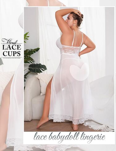 حجم كبير الملابس الداخلية للنساء بيبي دول مثير شبكة ماكسي فستان النوم Strappy ملابس خاصة غريبة الشقوق الجانبية الأبيض 3XL in Kuwait