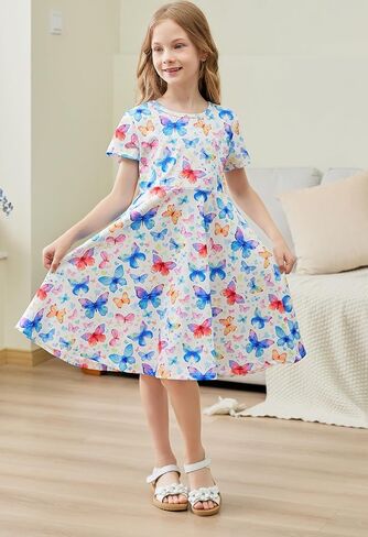 RAISEVERN Toddler Girls Dresses Short Sleeve Casual Midi Sundress 4-9T in Saudi Arabia