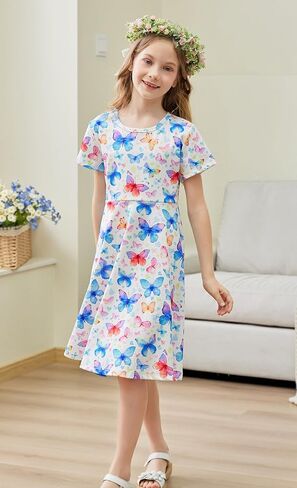RAISEVERN Toddler Girls Dresses Short Sleeve Casual Midi Sundress 4-9T in Saudi Arabia
