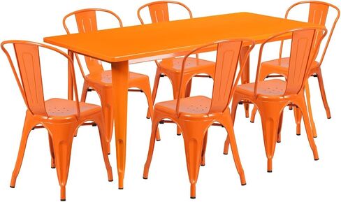 Flash Furniture درجة تجارية 31.5 × 63 بوصة طقم طاولة مستطيلة من المعدن الفضي للاستخدام الداخلي والخارجي مع 6 كراسي مكدسة in Kuwait