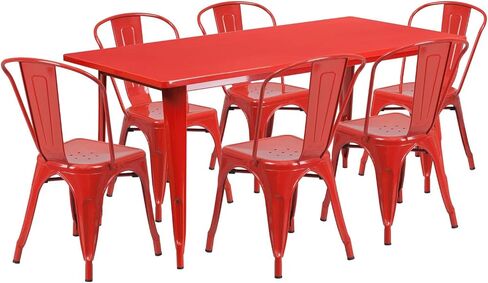 Flash Furniture درجة تجارية 31.5 × 63 بوصة طقم طاولة مستطيلة من المعدن الفضي للاستخدام الداخلي والخارجي مع 6 كراسي مكدسة in Kuwait
