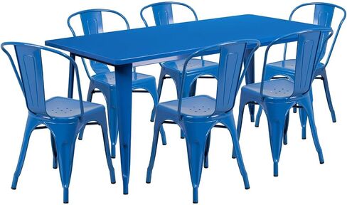 Flash Furniture درجة تجارية 31.5 × 63 بوصة طقم طاولة مستطيلة من المعدن الفضي للاستخدام الداخلي والخارجي مع 6 كراسي مكدسة in Kuwait