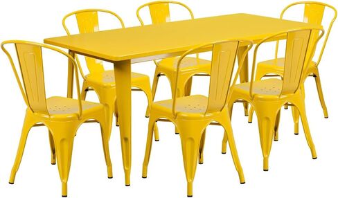 Flash Furniture درجة تجارية 31.5 × 63 بوصة طقم طاولة مستطيلة من المعدن الفضي للاستخدام الداخلي والخارجي مع 6 كراسي مكدسة in Kuwait