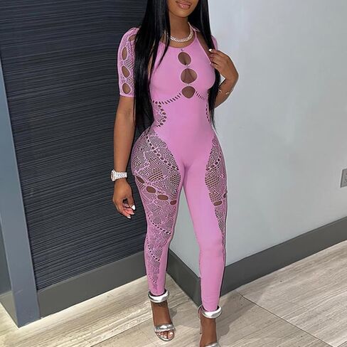 WEICHUJIAN Women's Autumn Solid Neck Hanging Sleeves Hollow out Diamonds Sexy Slim Fit High Waist Lace Jumpsuit in Saudi Arabia