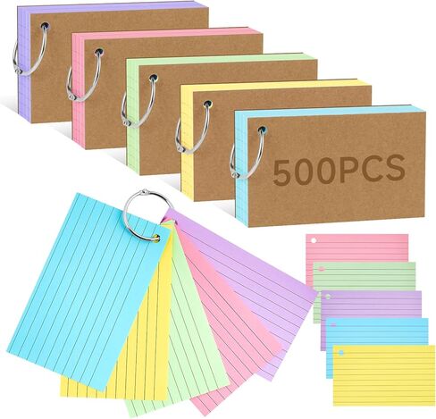 500 قطعة من بطاقات الفهرسة، بطاقات فلاش ملونة مقاس 3 × 5 بوصات مع حلقات، بطاقات ملاحظات مبطنة على كلا الجانبين، بطاقات ملاحظات متينة للدراسة والتعلم والذاكرة واللوازم المدرسية والمكتبية in Kuwait