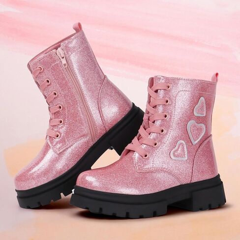 Tobfis Kids Girls Fashion أحذية العمل القتالية اللامعة بسحاب جانبي أحذية الكاحل (طفل صغير/طفل صغير/طفل كبير) in Saudi Arabia