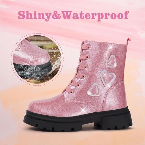 Tobfis Kids Girls Fashion أحذية العمل القتالية اللامعة بسحاب جانبي أحذية الكاحل (طفل صغير/طفل صغير/طفل كبير) in Saudi Arabia