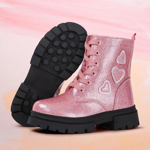 Tobfis Kids Girls Fashion أحذية العمل القتالية اللامعة بسحاب جانبي أحذية الكاحل (طفل صغير/طفل صغير/طفل كبير) in Saudi Arabia