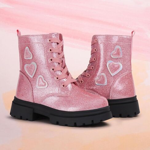 Tobfis Kids Girls Fashion أحذية العمل القتالية اللامعة بسحاب جانبي أحذية الكاحل (طفل صغير/طفل صغير/طفل كبير) in Saudi Arabia