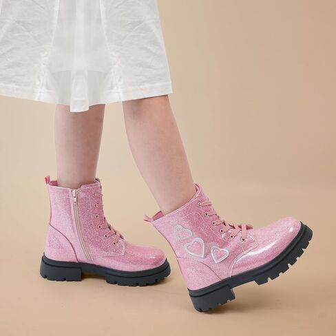 Tobfis Kids Girls Fashion أحذية العمل القتالية اللامعة بسحاب جانبي أحذية الكاحل (طفل صغير/طفل صغير/طفل كبير) in Saudi Arabia