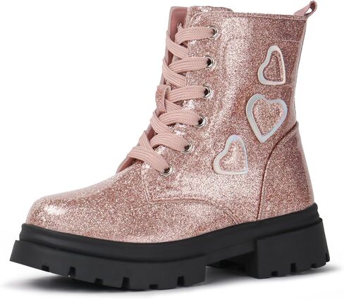 Tobfis Kids Girls Fashion أحذية العمل القتالية اللامعة بسحاب جانبي أحذية الكاحل (طفل صغير/طفل صغير/طفل كبير) in Saudi Arabia