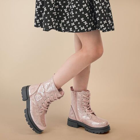 Tobfis Kids Girls Fashion أحذية العمل القتالية اللامعة بسحاب جانبي أحذية الكاحل (طفل صغير/طفل صغير/طفل كبير) in Saudi Arabia