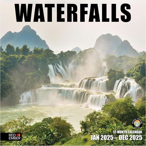 RED EMBER Waterfalls 2025 Hangable Monthly Wall Calendar | 12" x 24" Open | Thick & Sturdy Paper | Giftable | Beautiful Nature Travel | Cascades of Wonder in Saudi Arabia