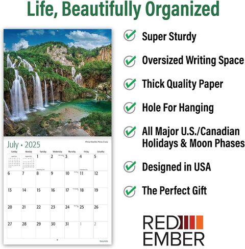RED EMBER Waterfalls 2025 Hangable Monthly Wall Calendar | 12" x 24" Open | Thick & Sturdy Paper | Giftable | Beautiful Nature Travel | Cascades of Wonder in Saudi Arabia