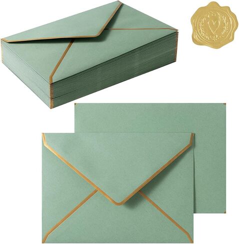 50 Pieces A7 Envelopes with Gold Border, 5.24 x 7.21 Inches Envelopes with Gold Stickers for Greeting Cards and Invitation (Sage Green, A7-5x7) in Saudi Arabia