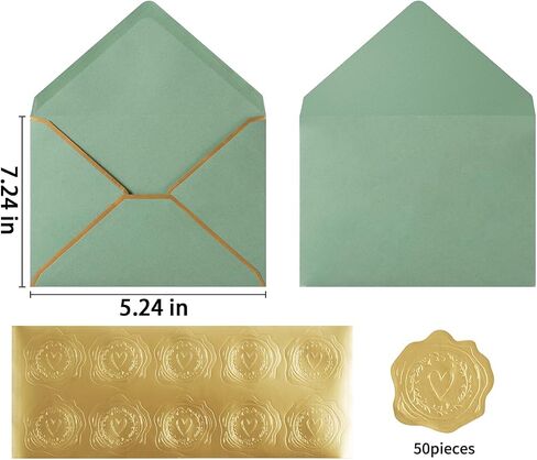50 Pieces A7 Envelopes with Gold Border, 5.24 x 7.21 Inches Envelopes with Gold Stickers for Greeting Cards and Invitation (Sage Green, A7-5x7) in Saudi Arabia