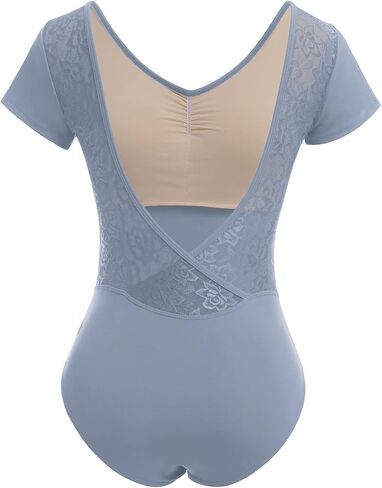 AFAVOM Dance Leotards for Women Short Sleeve Lace Ballet Leotards Mesh Lace Wrap V-backless Bodysuit Gymnastics Leotards Tops in Saudi Arabia