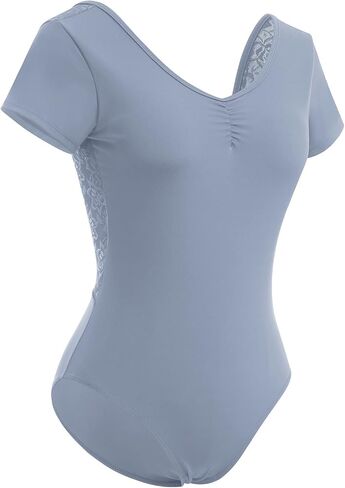 AFAVOM Dance Leotards for Women Short Sleeve Lace Ballet Leotards Mesh Lace Wrap V-backless Bodysuit Gymnastics Leotards Tops in Saudi Arabia
