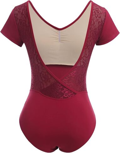 AFAVOM Dance Leotards for Women Short Sleeve Lace Ballet Leotards Mesh Lace Wrap V-backless Bodysuit Gymnastics Leotards Tops in Saudi Arabia