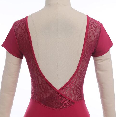 AFAVOM Dance Leotards for Women Short Sleeve Lace Ballet Leotards Mesh Lace Wrap V-backless Bodysuit Gymnastics Leotards Tops in Saudi Arabia