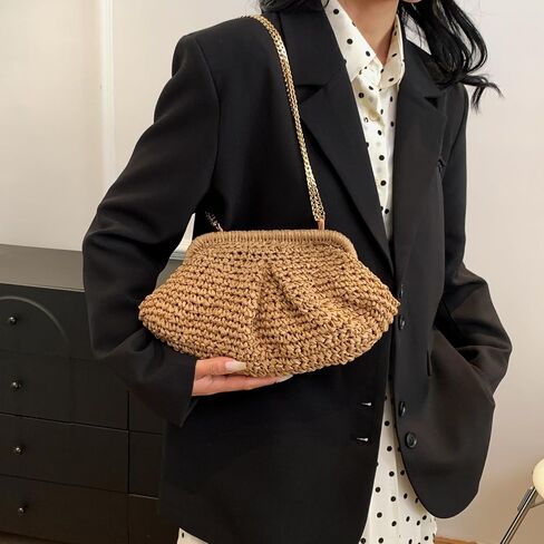 Straw Clutch Purse for Women Small Straw Dumpling Clutch Bag Summer Beach Woven Clutch Wicker Crossbody Purses in Saudi Arabia