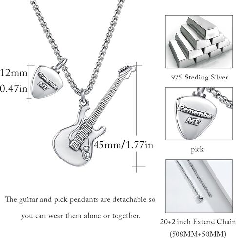 Guitar Urn Necklace For Ashes 925 Sterling Silver Music Guitar Pendant,Guitarist Cremation Keepsake Jewelry Gifts For Music Lover in Kuwait